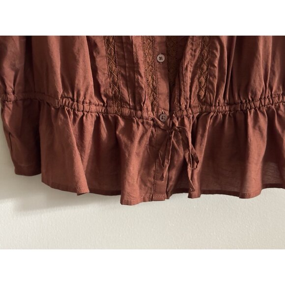 Old Navy Tie-Waist Lace-Trim Blouse Chestnut Brown Sleeves Romantic Victorian XL - Picture 4 of 10